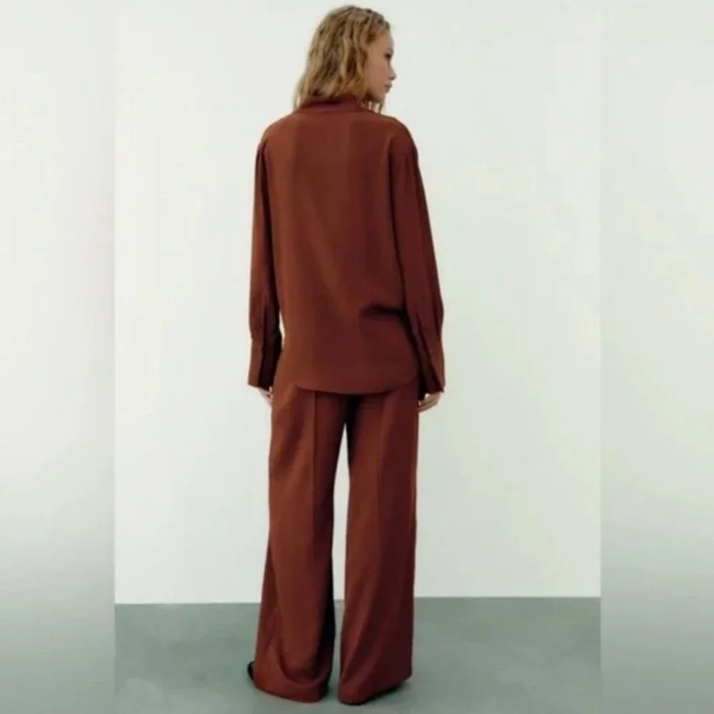 NWT ZARA Wide Leg Flowy Back Elastic Waist Pants Flying FabricCooper 9479/054 XL